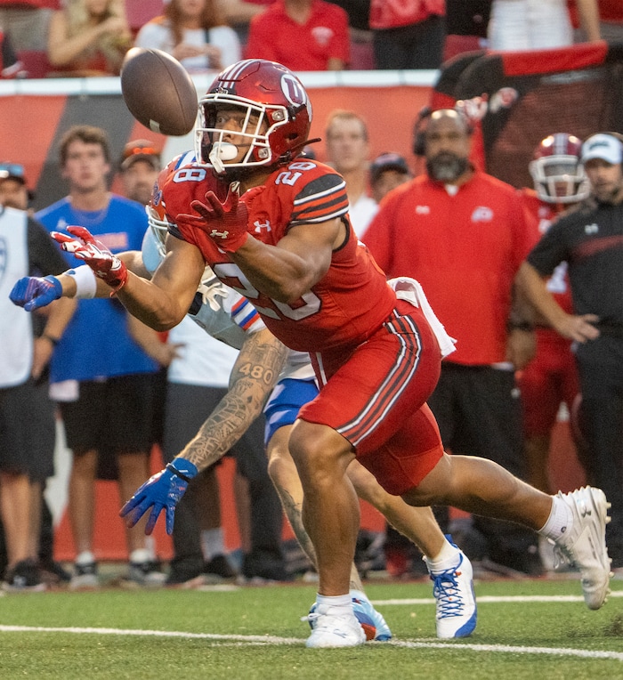 (Rick Egan | The Salt Lake Tribune) Utah Utes safety Sione Vaki (28) intercepts a Florida pass, in football action between the Utah Utes and the Florida Gators at Rice-Eccles Stadium on Thursday, Aug. 31, 2023.