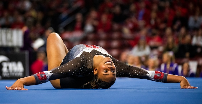 (Rick Egan | The Salt Lake Tribune)  Jaedyn Rucker competes on the floor for Utah, in Gymnastics actin between Utah, LSU, Oklahoma and UCLA at the Maverik Center, on Saturday, Jan. 13, 2024.
