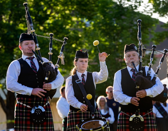 (Rick Egan | The Salt Lake Tribune)  The Mesa Caledonian Pipe Band performs at the opening of the 3-Day  Utah Scottish Festival, at the Utah State Fairpark, on Friday, June 16, 2023.
