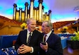 (Chris Samuels | The Salt Lake Tribune) Lloyd Newell, left, and choir President Mike Leavitt during a news conference at the Salt Lake Tabernacle in Salt Lake City in June 2024. Newell retired as presenter of "Music and the Spoken Word" after 34 years.