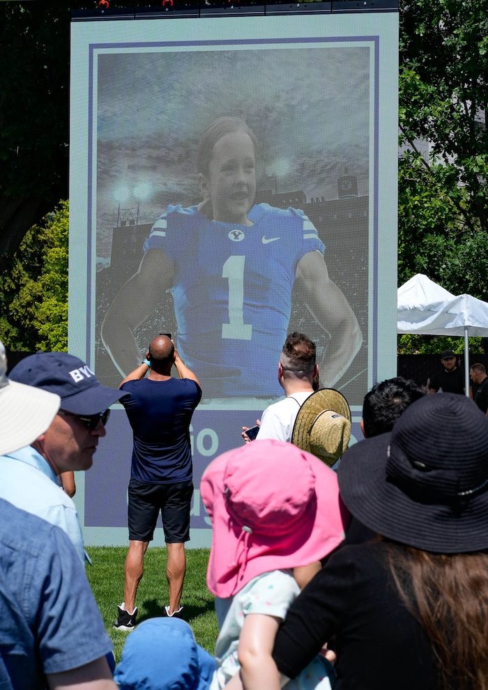 (Francisco Kjolseth | The Salt Lake Tribune) BYU fans join the festivities celebrating the entrance into the Big 12 Conference on Saturday, July 1, 2023.