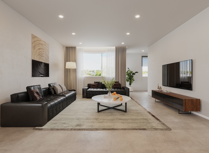 (CW Land Co.) A rendering of one of the interiors — a medium living room — in the apartments in theYARD, C.W. Urban's 8.58-acre build-to-rent development in Salt Lake City's Fairpark neighborhood.