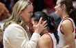 (Francisco Kjolseth  | The Salt Lake Tribune) Former Utah women’s coach Lynne Roberts consoles Utah Utes guard Ines Vieira (2) following a tough loss to Kansas State in NCAA basketball in Salt Lake City on Wednesday, Jan. 8, 2025.