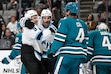 Utah Hockey Club center Nick Schmaltz (8) celebrates his goal with center Clayton Keller (9) against the San Jose Sharks during the second period of an NHL hockey game Saturday, Dec. 14, 2024, in San Jose, Calif. (AP Photo/Eakin Howard)