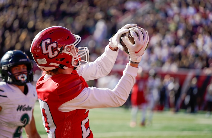 (Chris Samuels | The Salt Lake Tribune) Crimson Cliffs wide receiver Luke Childs catches a pass for a touchdown during the 4A high school football championship game against Green Canyon at Rice-Eccles Stadium, Friday, Nov. 17, 2023.