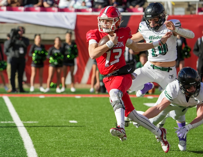 (Chris Samuels | The Salt Lake Tribune) Crimson Cliffs quarterback Steele Barton scrambles on a play during the 4A high school football championship game against Green Canyon at Rice-Eccles Stadium, Friday, Nov. 17, 2023.