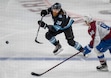 (Rick Egan | The Salt Lake Tribune) Liam O'Brien (38) and Colorado Avalanche right wing Mikko Rantanen (96), in NHL preseason action between the Utah Hockey Club and the Colorado Avalanche, at the Maverick Center, on Saturday Oct. 5, 2024.
