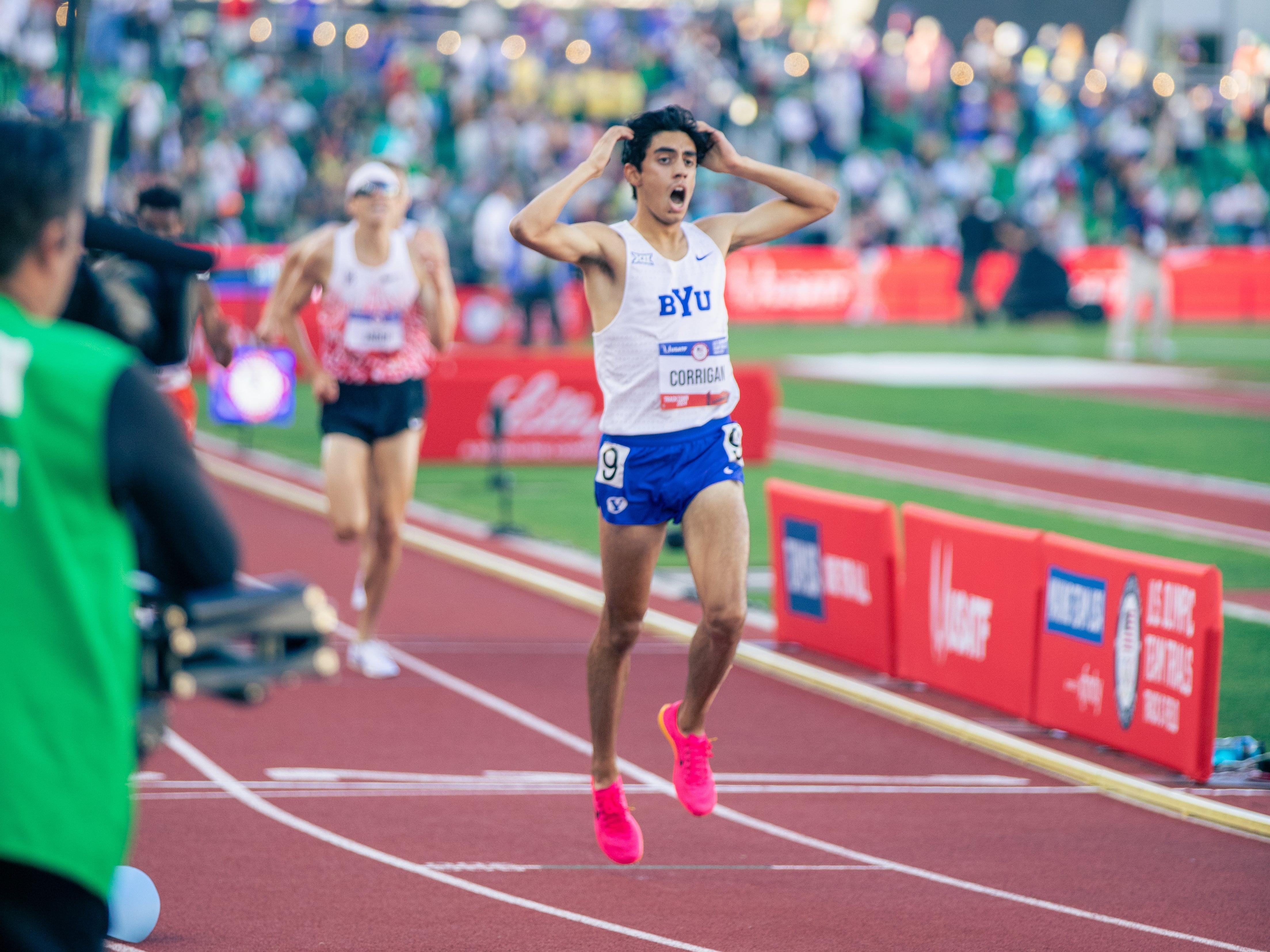 (Zach Hunter | BYU Athletics) BYU runner James Corrigan finishes third in the 3,000-meter steeplechase at the 2024 U.S. Olympic Trials in Eugene, Ore., Sunday, June 23, 2024. Corrigan needed another race to punch his ticket to the Paris Olympics.