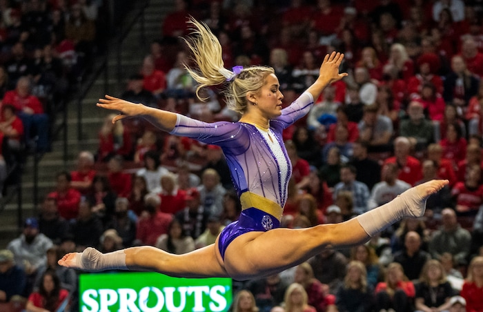 (Rick Egan | The Salt Lake Tribune)  LSU gymnast Livvy Dunne competes on the floor, in a gymnastics meet between Utah, LSU, Oklahoma and UCLA at the Maverik Center, on Saturday, Jan. 13, 2024.