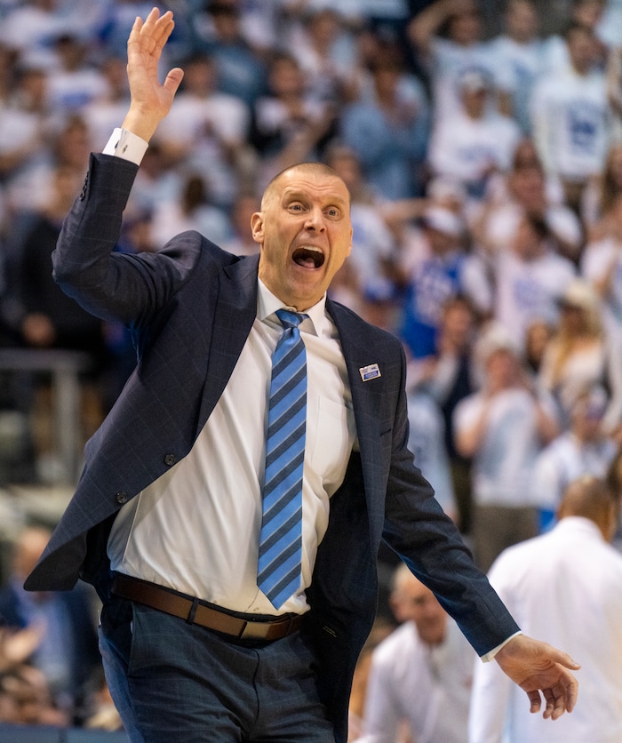 (Rick Egan | The Salt Lake Tribune) Brigham Young head coach Mark Pope reacts to a non-call by the official, in basketball action between the Brigham Young Cougars and the Texas Longhorns, at the Marriott Center, on Saturday, Jan. 27, 2024.
