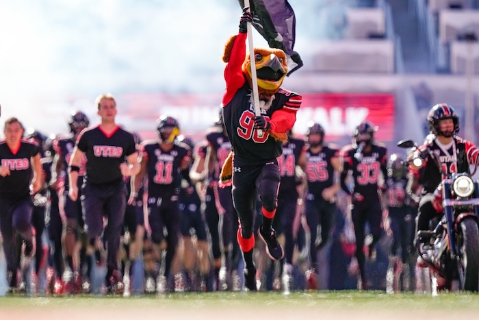 (Francisco Kjolseth  |  The Salt Lake Tribune) The Utah Utes take to the field as the Utah Utes host the Arizona State Sun Devils in NCAA football in Salt Lake City on Saturday, Nov. 4, 2023.