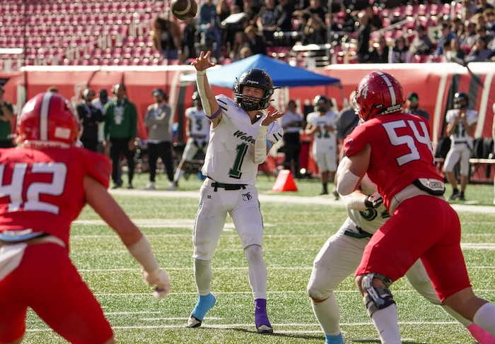 (Chris Samuels | The Salt Lake Tribune) Green 
Canyon quarterback Payton Wilson (1) attempts a throw during the 4A high school football championship game against Crimson Cliffs at Rice-Eccles Stadium, Friday, Nov. 17, 2023.