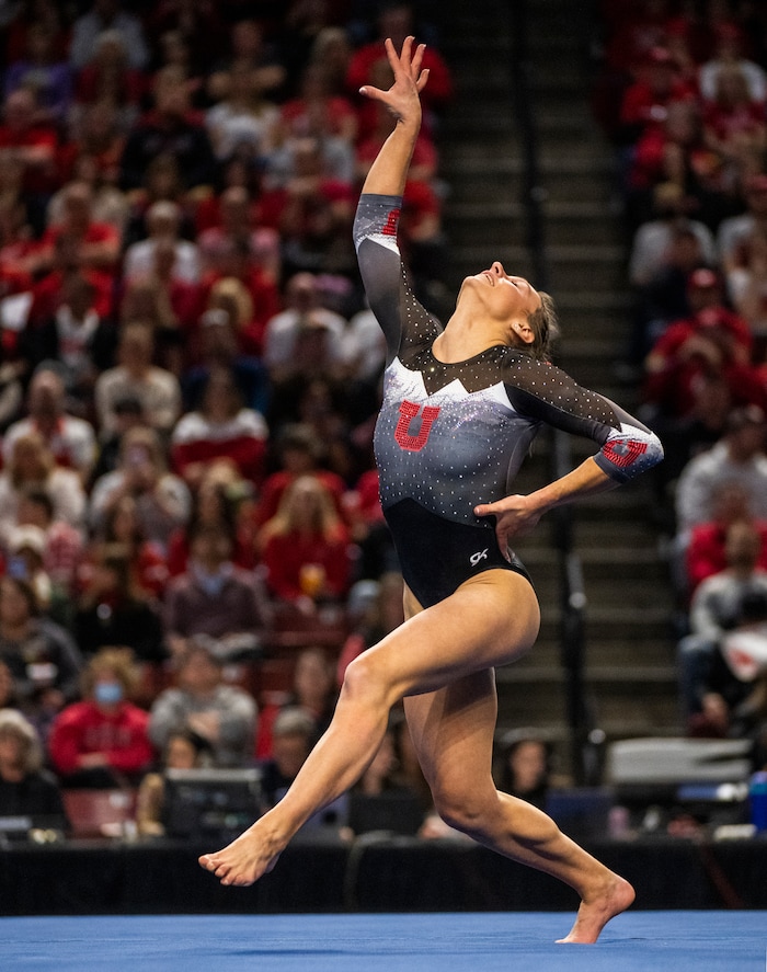 (Rick Egan | The Salt Lake Tribune) Grace McCallum competes on the floor for Utah, during a meet between Utah, LSU, Oklahoma and UCLA at the Maverik Center, on Saturday, Jan. 13, 2024.
