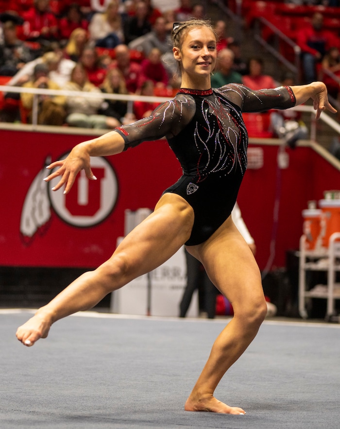 (Rick Egan | The Salt Lake Tribune)  Grace McCallum performs on the floor, in gymnastics action between Utah  Red Rocks and Oregon State, at the Jon M. Huntsman Center, on Friday, Feb. 2, 2024.
