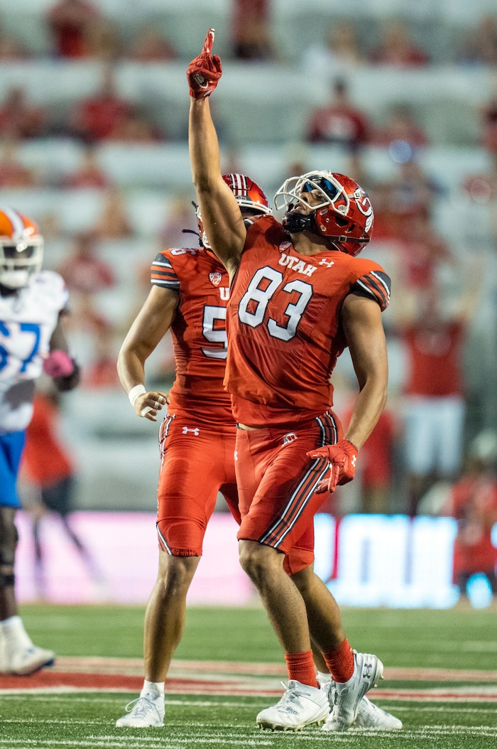 (Rick Egan | The Salt Lake Tribune) 
Utah Utes defensive end Jonah Elliss (83) celebrates after sacking Florida Gators quarterback Graham Mertz (15) in football acton between the Utah Utes and the Florida Gators, at Rice-Eccles Stadium, on Thursday, Aug. 31, 2023.
