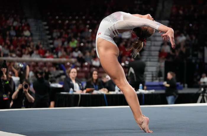 (Francisco Kjolseth  |  The Salt Lake Tribune) Abby Paulson performs on the floor during the Pac-12 Gymnastics Championships, at the Maverik Center in West Valley City on Saturday, March 23, 2024.