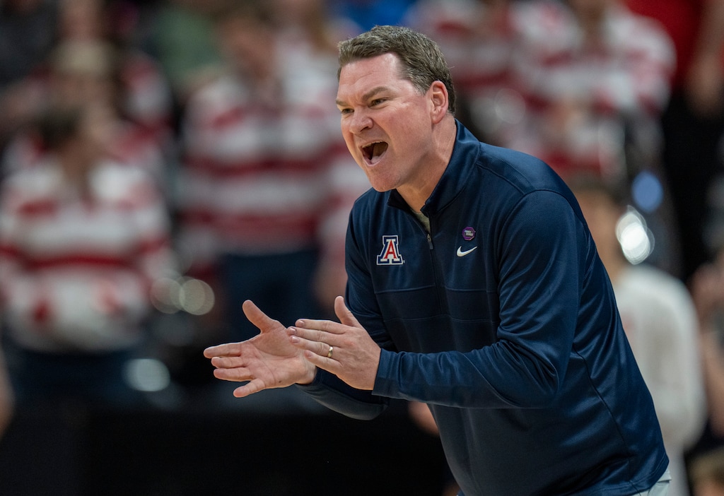 (Rick Egan | The Salt Lake Tribune)   Arizona Wildcats head coach Tommy Lloyd, in the Second Round of the men's basketball NCAA Tournament at the Delta Center, on Saturday, March 23, 2024.
