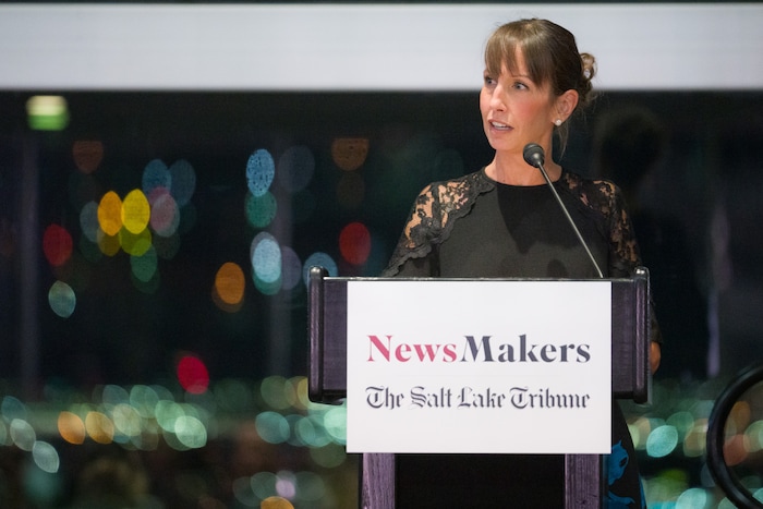 (Trent Nelson  |  The Salt Lake Tribune) Lauren Gustus, executive editor of The Salt Lake Tribune, speaks at the NewsMakers Awards in Salt Lake City on Thursday, Nov. 16, 2023.