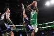 Boston Celtics guard Jaylen Brown (7) goes up to shoot during the second half of an NBA basketball game against the Utah Jazz, Monday, March 10, 2025, in Boston. (AP Photo/Charles Krupa)