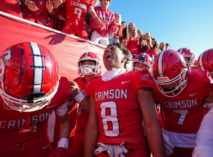 (Chris Samuels | The Salt Lake Tribune) Crimson Cliffs quarterback Darius Strickland (8) celebrates after winning the 4A high school football championship game against Green Canyon at Rice-Eccles Stadium, Friday, Nov. 17, 2023.