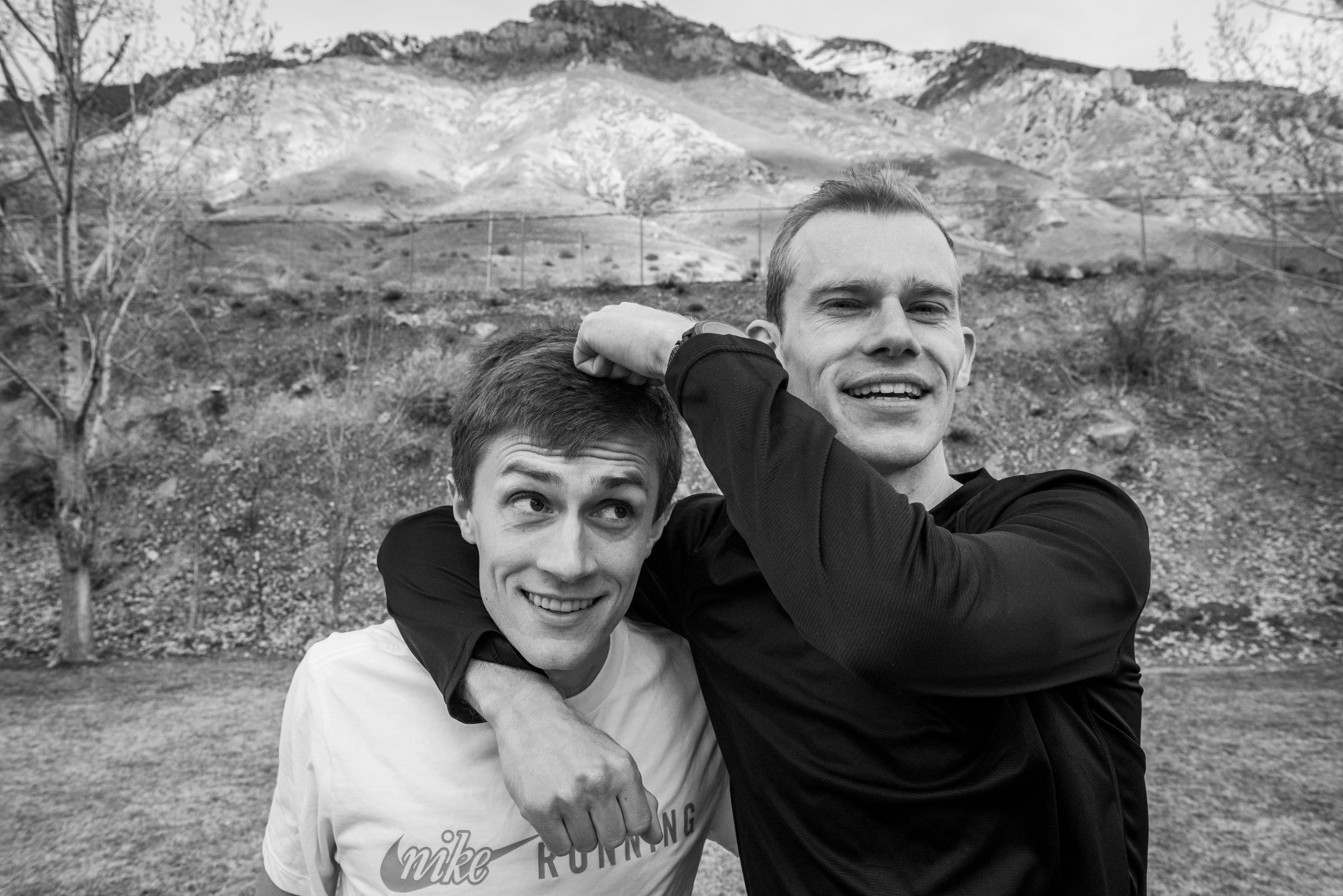 (Russel Daniels | The New York Times) Conner Mantz, left, and Clayton Young at a park in Springville, Utah, March 11, 2024. The close friends ran more than 10,000 miles together Ñ then they both vied for a place in the marathon at the Paris Olympics.