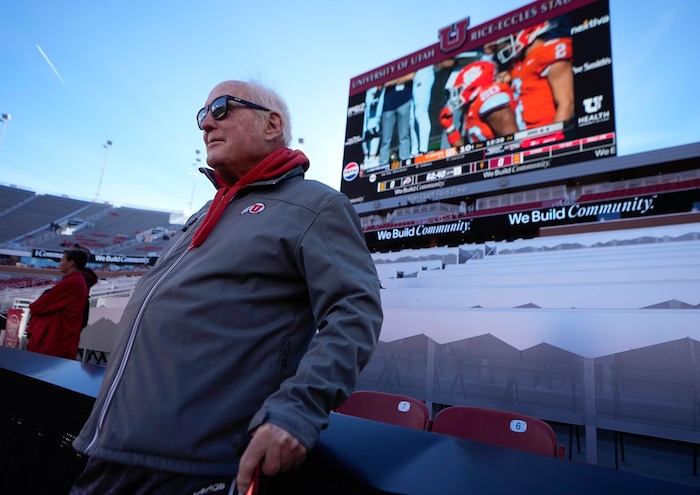 (Francisco Kjolseth  |  The Salt Lake Tribune) Former Utah football coach Ron McBride expects a much better game than last week as he watches the team warm up prior to their game against the Arizona State Sun Devils in Salt Lake City on Saturday, Nov. 4, 2023.