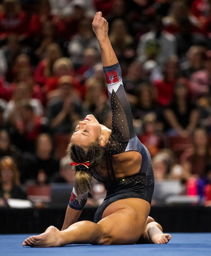 (Rick Egan | The Salt Lake Tribune)  Jaylene Gilstrap competes on the floor for Utah, in Gymnastics actin between Utah, LSU, Oklahoma and UCLA at the Maverik Center, on Saturday, Jan. 13, 2024.
