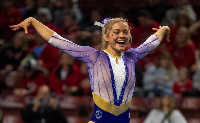 (Rick Egan | The Salt Lake Tribune)  LSU gymnast Livvy Dunne competes on the floor, in a gymnastics meet between Utah, LSU, Oklahoma and UCLA at the Maverik Center, on Saturday, Jan. 13, 2024.