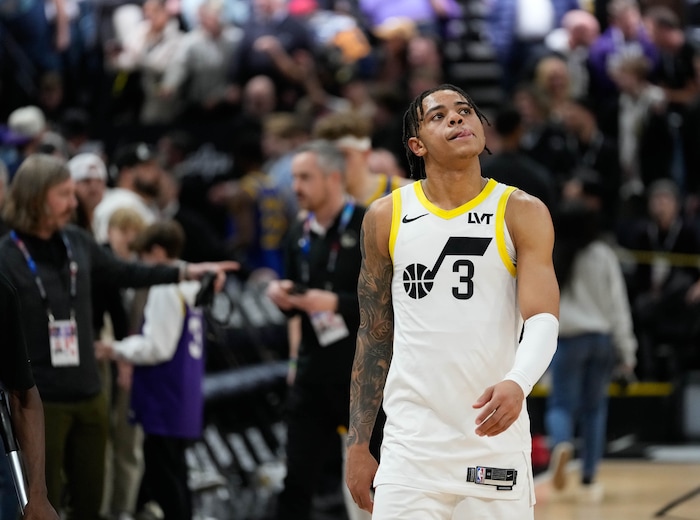 (Francisco Kjolseth  |  The Salt Lake Tribune) Utah Jazz guard Keyonte George (3) shows his disappointment in losing to the Golden State Warriors 140-137 during their NBA basketball game Thursday, Feb. 15, 2024, in Salt Lake City.