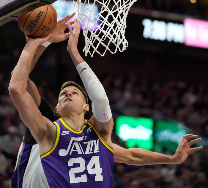 (Francisco Kjolseth  |  The Salt Lake Tribune) Utah Jazz center Walker Kessler (24) drives the ball as the Utah Jazz host the Sacramento Kings, during NBA basketball in Salt Lake City on Wednesday, Oct. 25, 2023.