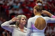 (Rick Egan | The Salt Lake Tribune) Utah head coach Carly Dockendorf chats with Makenna Smith before she competed on the beam for Utah, in Gymnastics action between Utah and Utah State, at the Jon M. Huntsman Center, on Friday, Jan 3, 2025.

