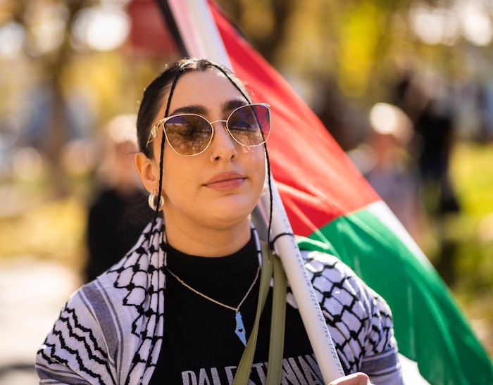 (Rick Egan | The Salt Lake Tribune)  Palestinian student Muna Omar joins a protest for supporters of Mecha, on University of Utah Campus, on Wednesday, Nov. 15, 2023.
