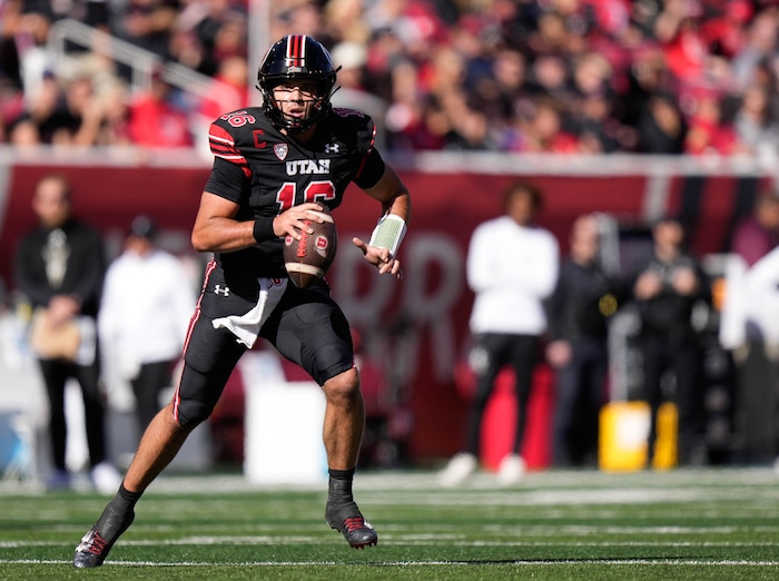 (Francisco Kjolseth  |  The Salt Lake Tribune) Utah Utes quarterback Bryson Barnes (16) runs the ball as the Utah Utes host the Arizona State Sun Devils in NCAA football in Salt Lake City on Saturday, Nov. 4, 2023.