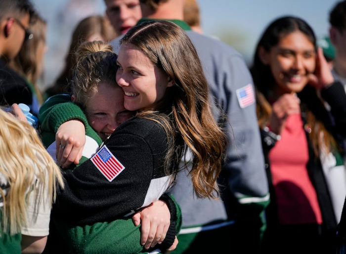 (Bethany Baker  |  The Salt Lake Tribune) Payson High School students react after Kevin Bacon spoke on stage at a charity event to commemorate the 40th anniversary of the movie "Footloose" on the football field of Payson High School in Payson on Saturday, April 20, 2024.