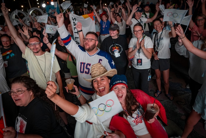 (Rick Egan | The Salt Lake Tribune) Crowds cheer as Salt Lake City is announced as host for the 2034 Winter Olympics at Salt Lake City Hall, Wednesday, July 24, 2024.