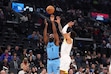 Los Angeles Clippers guard James Harden, left, shoots as Utah Jazz guard Keyonte George defends during the first half of an NBA basketball game, Sunday, Nov. 17, 2024, in Inglewood, Calif. (AP Photo/Mark J. Terrill)