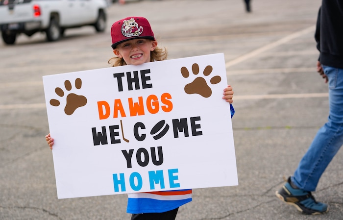 (Francisco Kjolseth  |  The Salt Lake Tribune) Turner Tycksen, 7, is all smiles as he joins other hockey fans to welcome the arrival of the new NHL team to Salt Lake City on Wednesday, April 24, 2024.