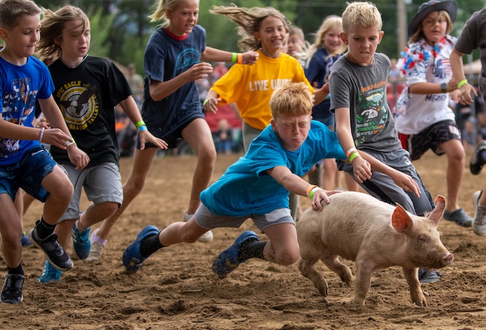 (Rick Egan | The Salt Lake Tribune) Kids wrestle for a pig, in the Pig Chase competition, during the Liberty Days Celebration in Liberty, Utah, on Tuesday, July 4, 2023.  The kids that catch the chickens get to keep them. 