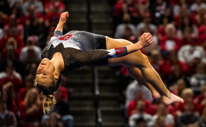 (Rick Egan | The Salt Lake Tribune)  Abby Paulson competes on the floor, for Utah, during a meet between Utah, LSU, Oklahoma and UCLA at the Maverik Center, on Saturday, Jan. 13, 2024.
