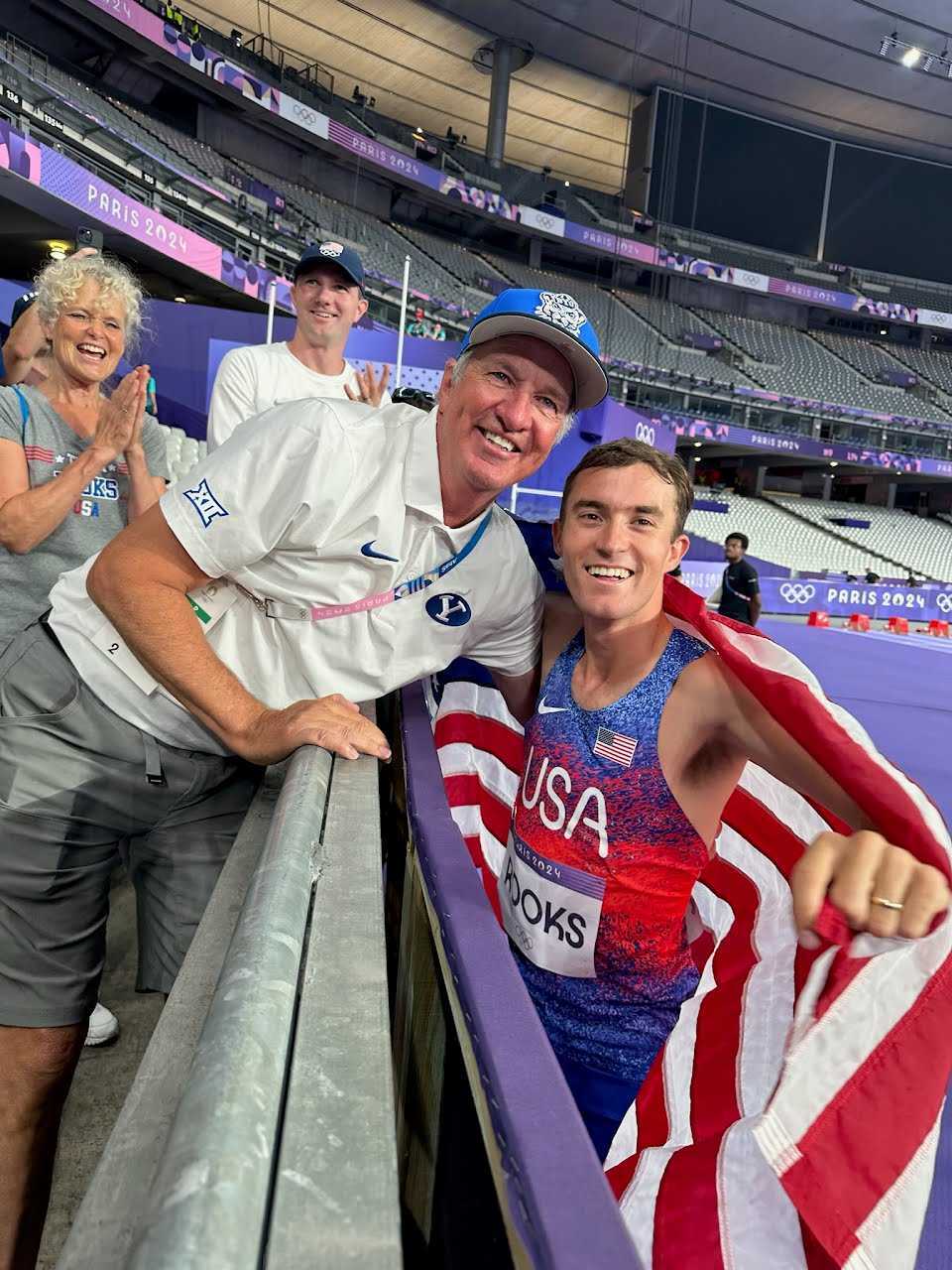 (Ed Eyestone) BYU track coach Ed Eyestone, left, celebrates a silver-medal performance with former Cougar Kenneth Rooks, who surprised many in Wednesday's steeplechase in Paris, France.