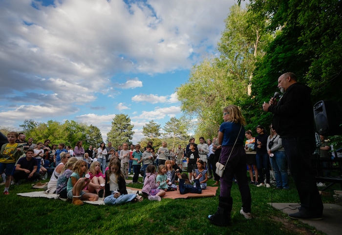 (Francisco Kjolseth  |  The Salt Lake Tribune) Principal at Uintah Elementary Bruce Simpson says a few words during a candlelight memorial for one of his students, first grader Adlai Owen, at Laird Park on Wednesday, May 22, 2024. Police say Adlai’s father, Sam Owen, fatally shot Adlai before killing himself in an apparent murder-suicide on Saturday, May 18, 2024.