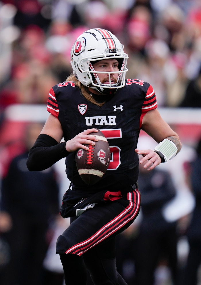 (Bethany Baker  |  The Salt Lake Tribune) Utah Utes quarterback Luke Bottari (15) looks to pass against the Colorado Buffaloes at Rice-Eccles Stadium in Salt Lake City on Saturday, Nov. 25, 2023.