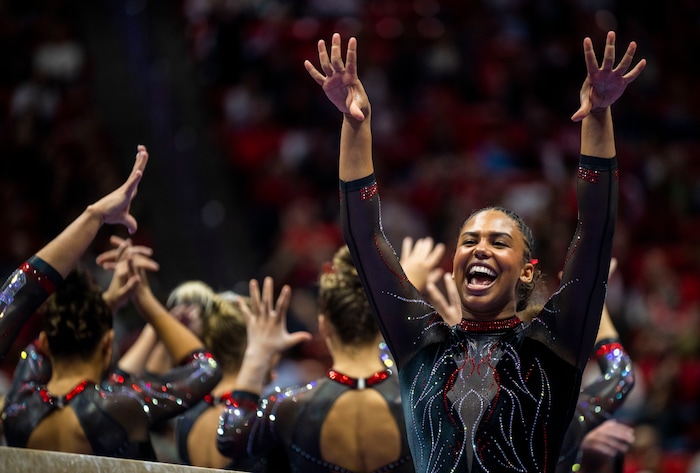 (Rick Egan | The Salt Lake Tribune)  Jaedyn reacts after Grace McCallum's performance on the beam, in gymnastics action between Utah Red Rocks and Oregon State, at the Jon M. Huntsman Center, on Friday, Feb. 2, 2024.
