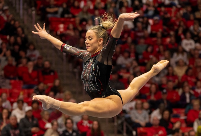 (Rick Egan | The Salt Lake Tribune)  Jaylene Gilatrap performs on the floor, in gymnastics action between Utah  Red Rocks and Oregon State, at the Jon M. Huntsman Center, on Friday, Feb. 2, 2024.
