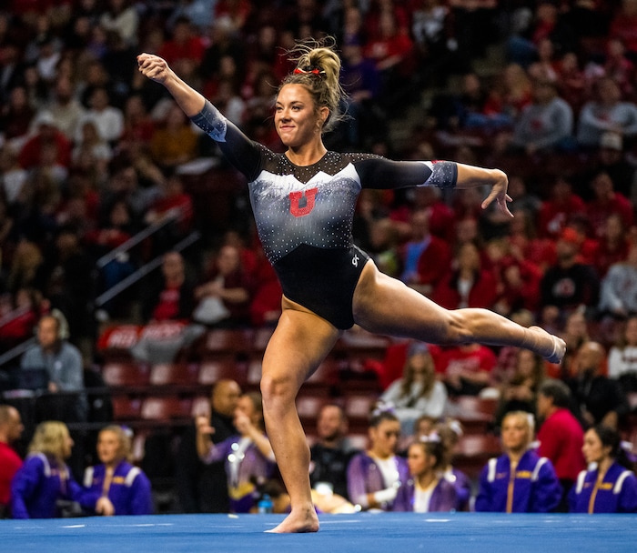 (Rick Egan | The Salt Lake Tribune)  Jaylene Gilstrap competes on the floor for Utah, in Gymnastics actin between Utah, LSU, Oklahoma and UCLA at the Maverik Center, on Saturday, Jan. 13, 2024.
