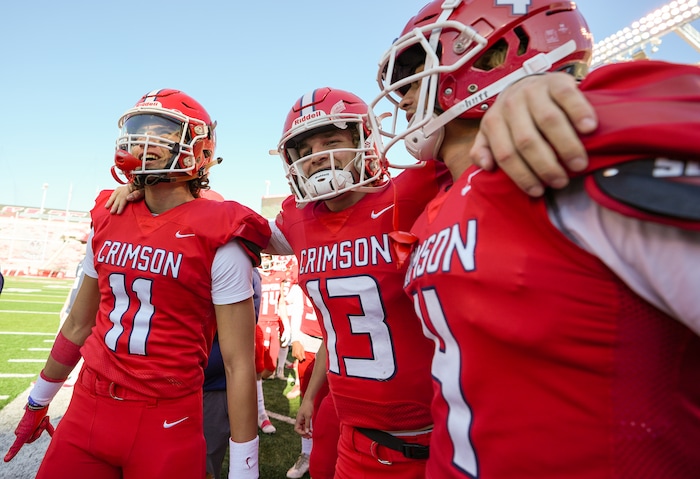 (Chris Samuels | The Salt Lake Tribune) Crimson Cliffs quarterback Steele Barton celebrates with teammates after winning the 4A high school football championship game against Green Canyon at Rice-Eccles Stadium, Friday, Nov. 17, 2023.