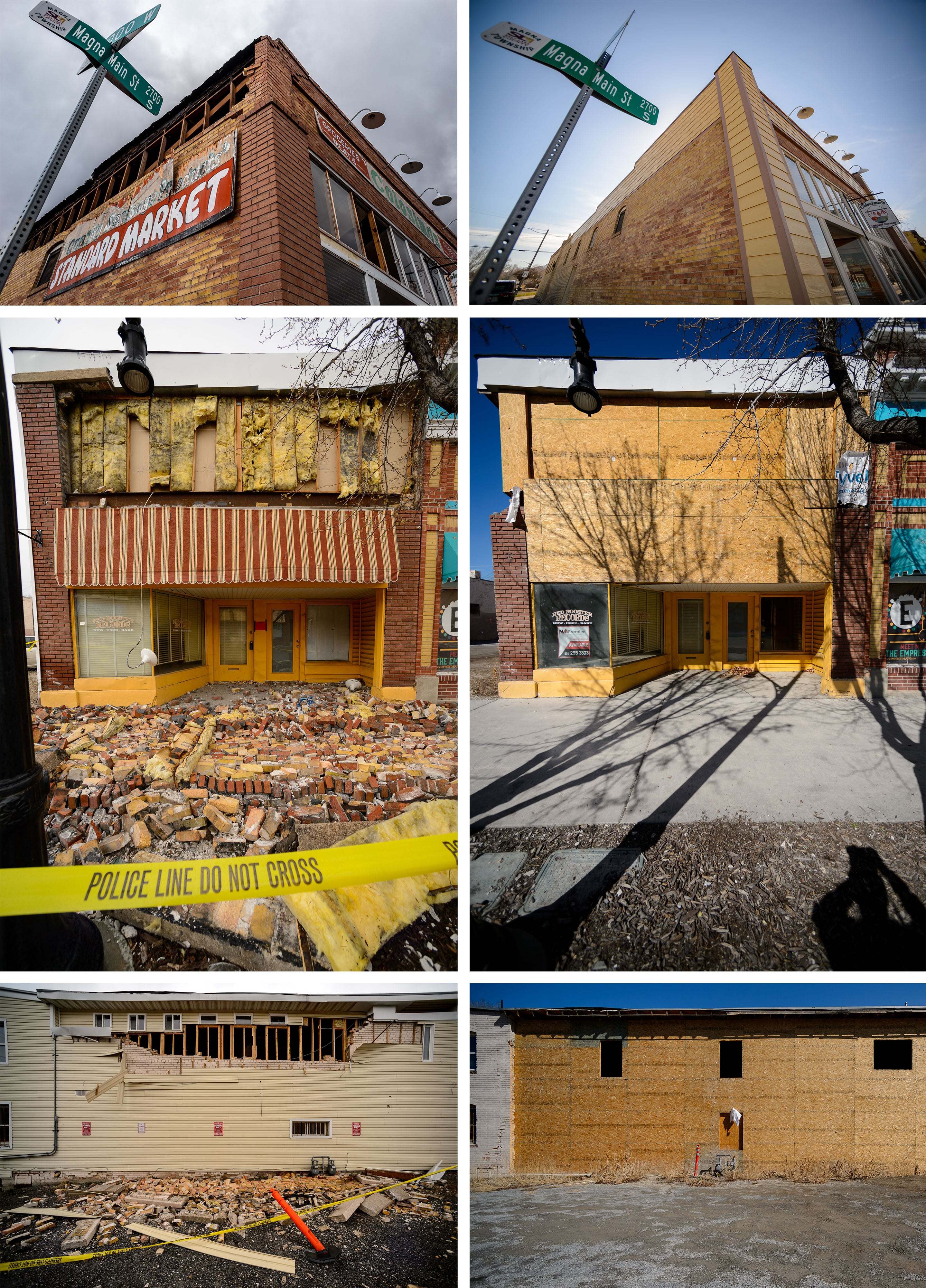 (Trent Nelson | The Salt Lake Tribune) Scenes of earthquake damage in Magna, from March 24, 2020, and March 3, 2021.