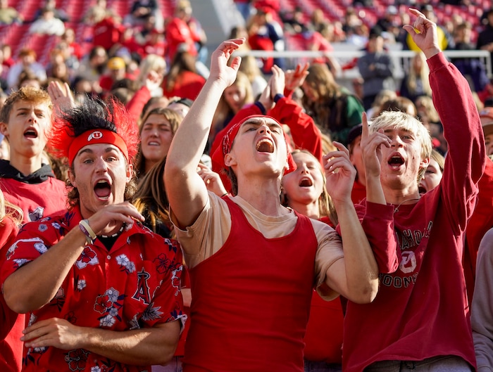 (Chris Samuels | The Salt Lake Tribune) Crimson Cliffs students cheer during the 4A high school football championship game against Green Canyon at Rice-Eccles Stadium, Friday, Nov. 17, 2023.