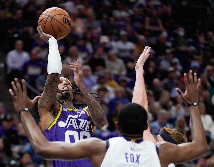 (Francisco Kjolseth  |  The Salt Lake Tribune) Utah Jazz guard Jordan Clarkson (00) makes a shot on basket as the Utah Jazz host the Sacramento Kings, during NBA basketball in Salt Lake City on Wednesday, Oct. 25, 2023.