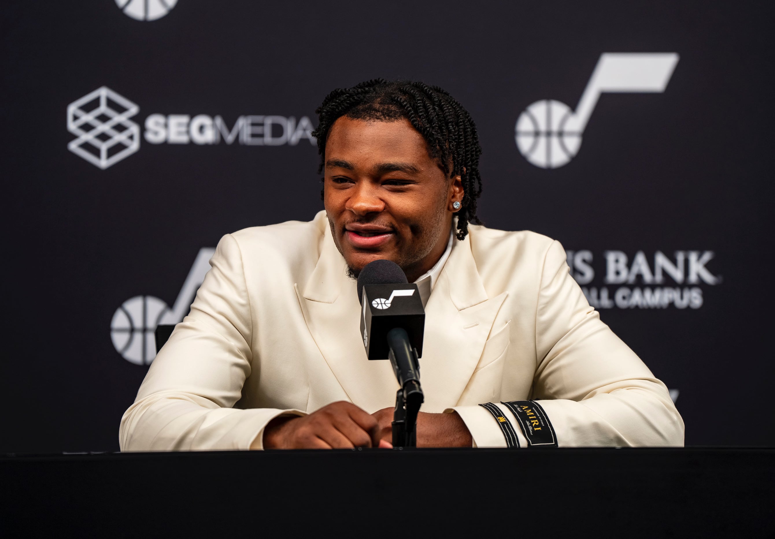 (Utah Jazz) Isaiah Collier, the No. 20 overall pick in the 2024 NBA Draft, is introduced by the Utah Jazz on July 2.